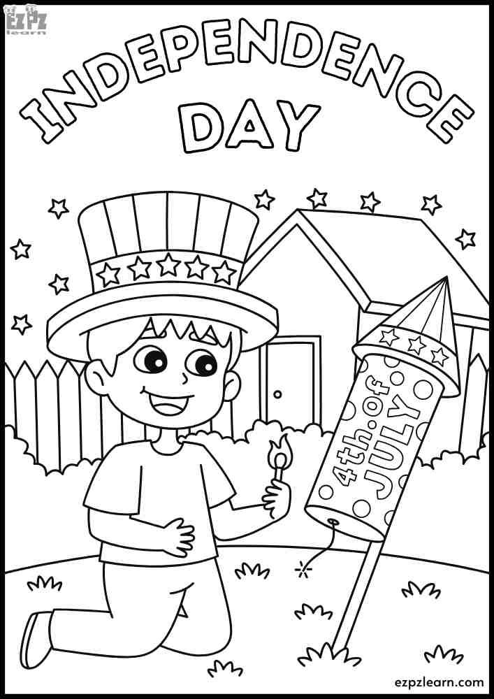 Independence Day Coloring Page of a Boy Lighting Fireworks PDF Download